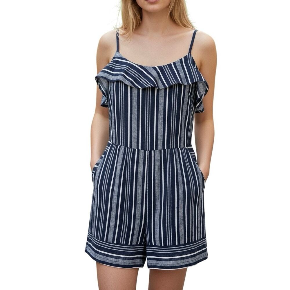 NWT Ann Taylor LOFT 00P Navy White Striped Ruffle Romper Petites